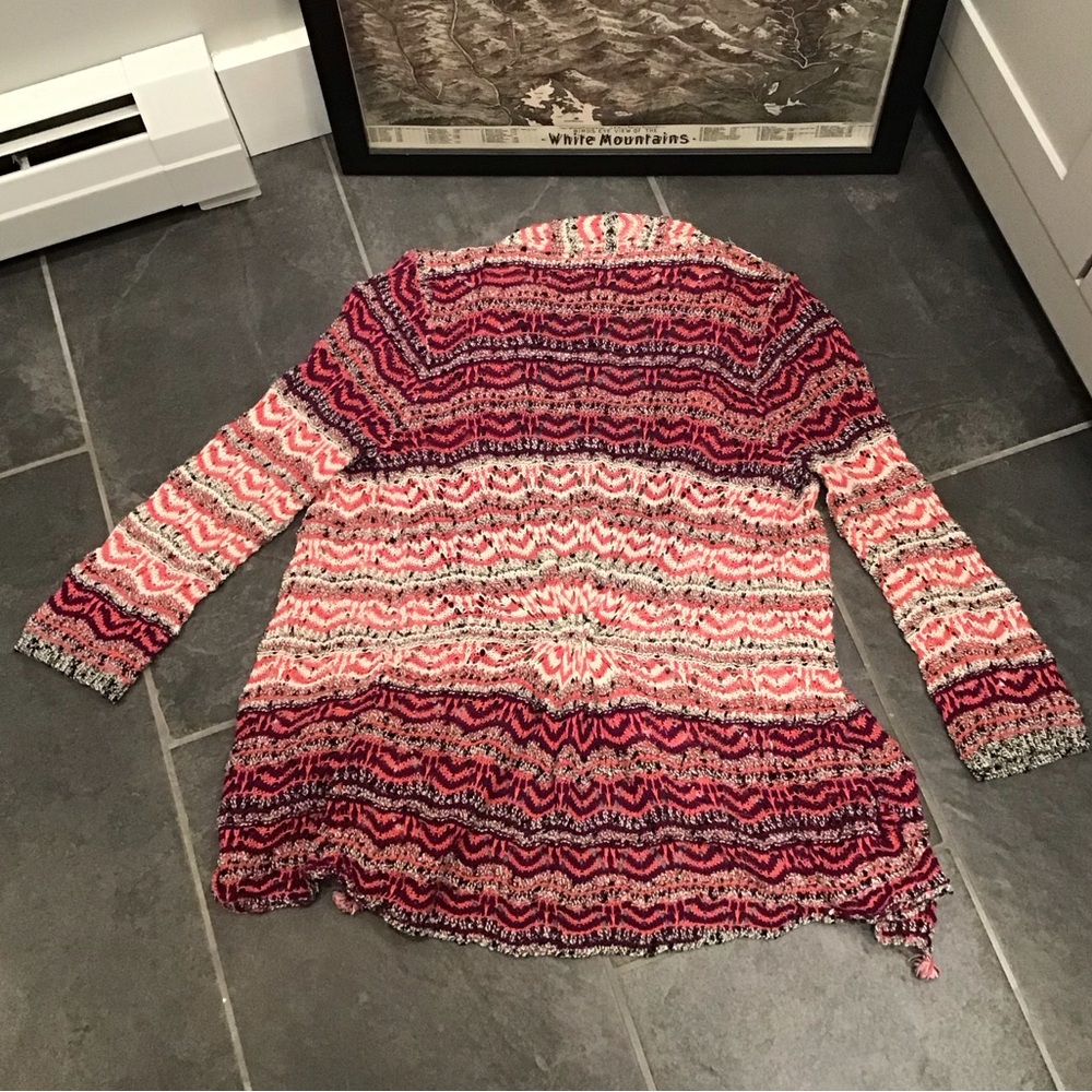 Moth Womens Crochet Cardigan Open Front Sweater Size M Fringe Stripes Poms Boho - Picture 6 of 15